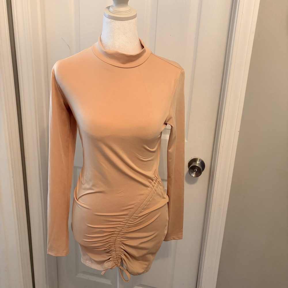 Mock Neck Long Sleeve Ruched Bodycon Mini Dress Med Clay / Peach Clubwear Trendy